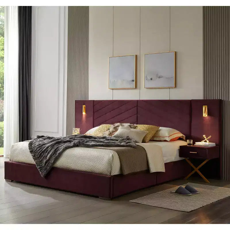 Letto in Velluto Moderno, Testiera a Onde, Luci a LED e 2 Comodini Sospesi