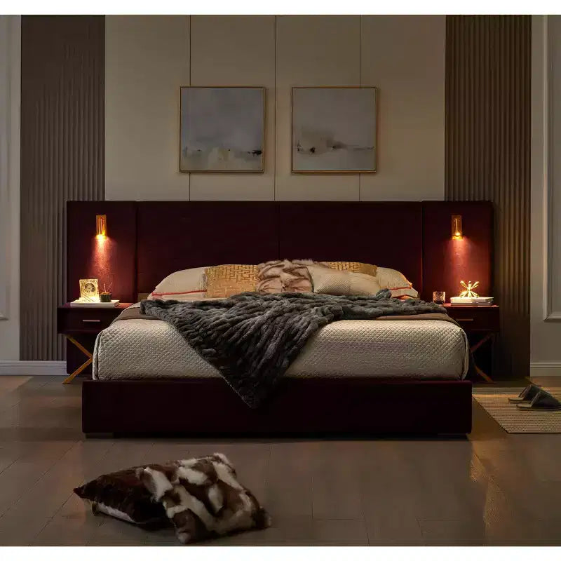 Letto in Velluto Moderno, Testiera a Onde, Luci a LED e 2 Comodini Sospesi
