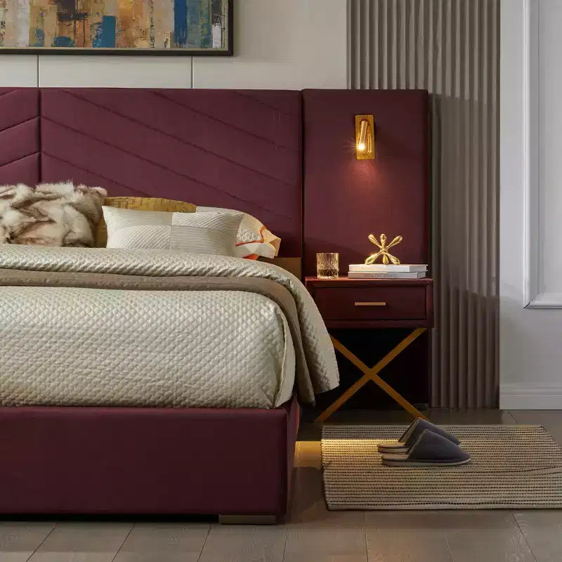 Letto in Velluto Moderno, Testiera a Onde, Luci a LED e 2 Comodini Sospesi
