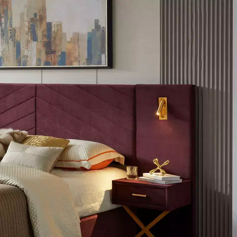 Letto in Velluto Moderno, Testiera a Onde, Luci a LED e 2 Comodini Sospesi