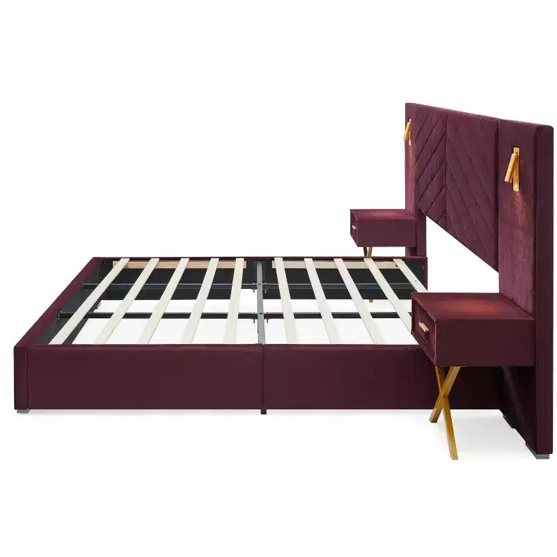 Letto in Velluto Moderno, Testiera a Onde, Luci a LED e 2 Comodini Sospesi