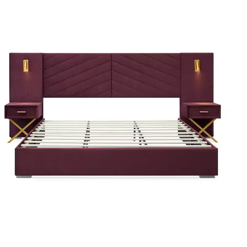 Letto in Velluto Moderno, Testiera a Onde, Luci a LED e 2 Comodini Sospesi