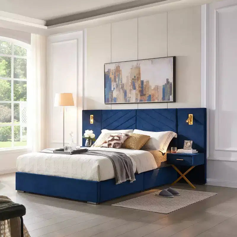 Letto in Velluto Moderno, Testiera a Onde, Luci a LED e 2 Comodini Sospesi
