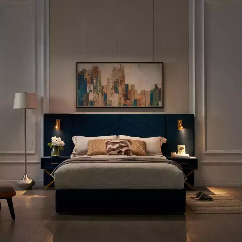 Letto in Velluto Moderno, Testiera a Onde, Luci a LED e 2 Comodini Sospesi