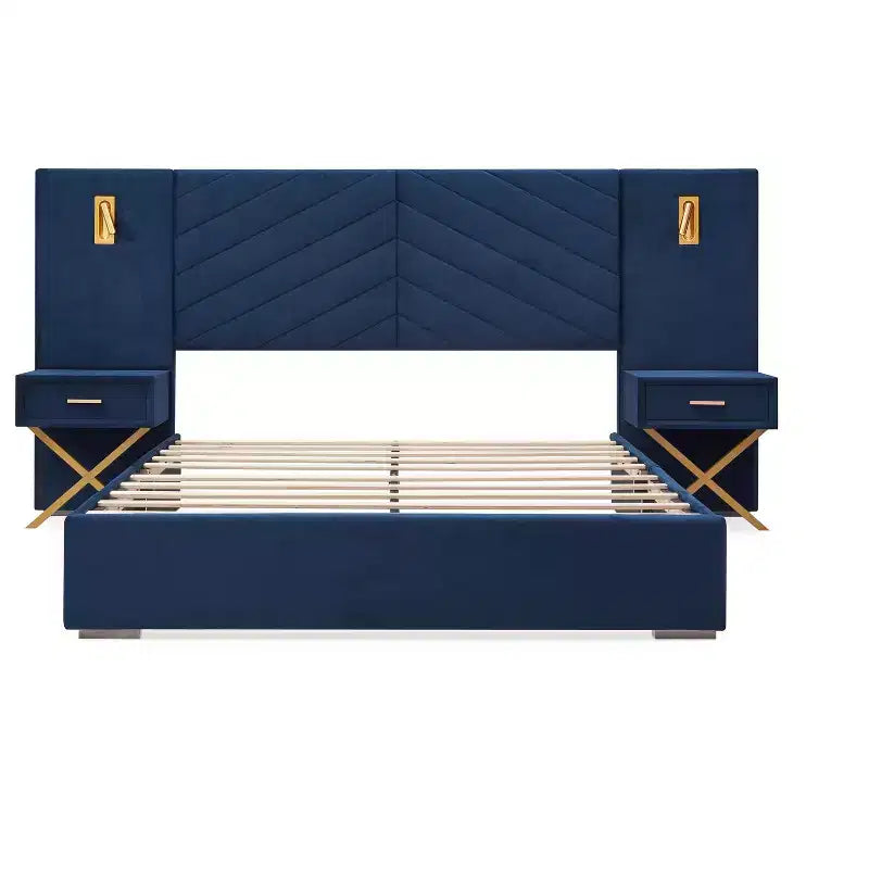Letto in Velluto Moderno, Testiera a Onde, Luci a LED e 2 Comodini Sospesi