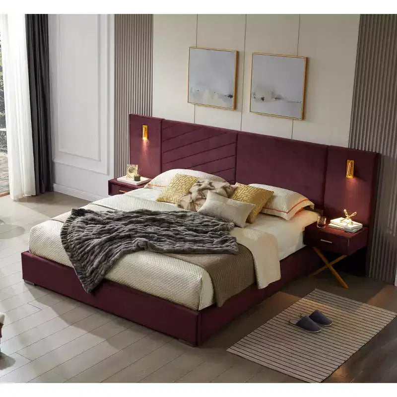 Letto in Velluto Moderno, Testiera a Onde, Luci a LED e 2 Comodini Sospesi