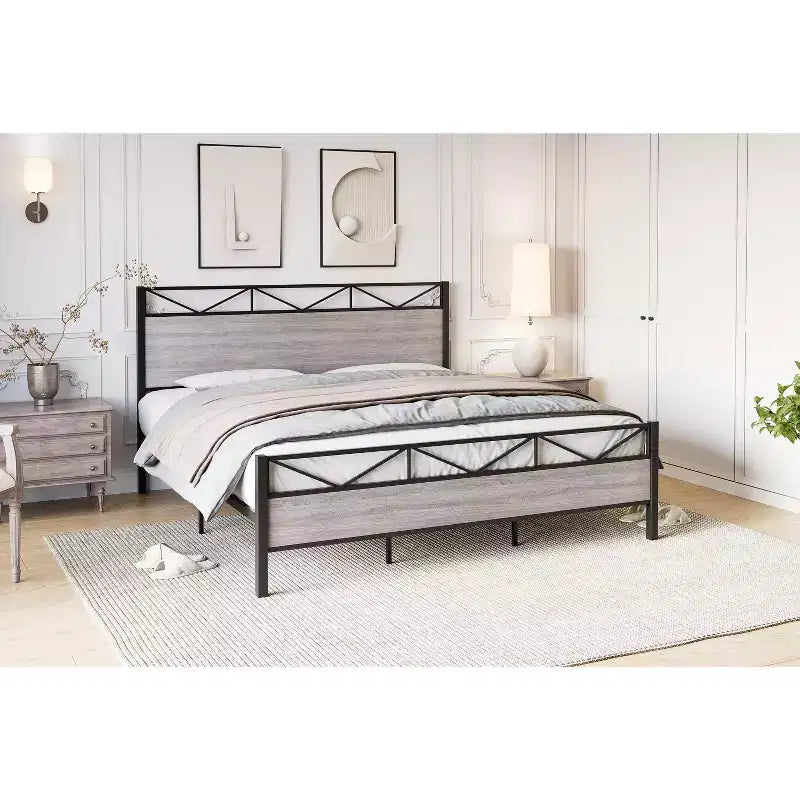Base letto a piattaforma matrimoniale King Size in metallo con testiera e pediera, 450 kg, senza rumore