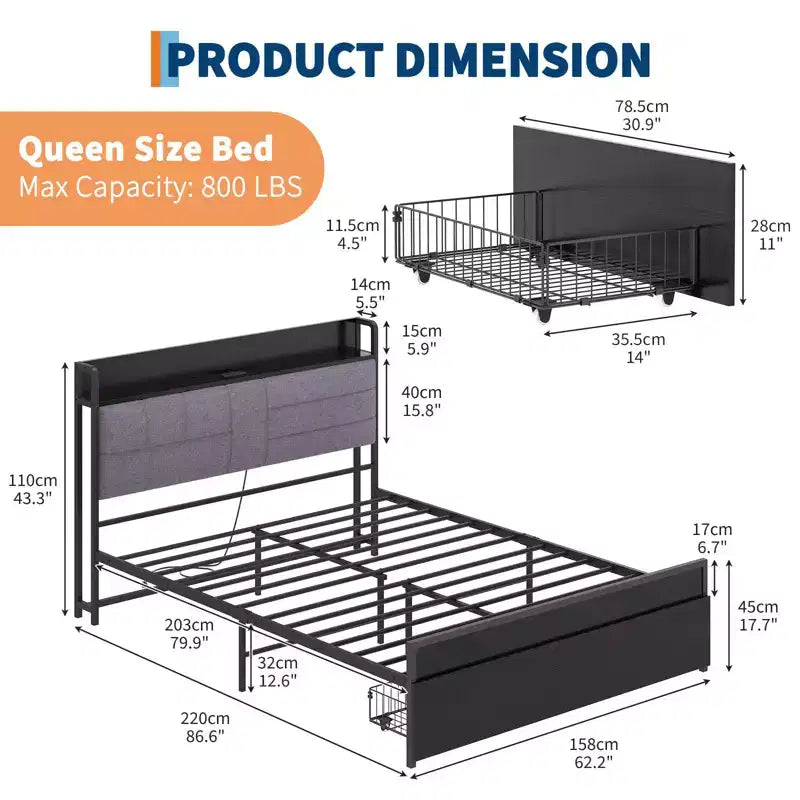 Base letto Queen size con cassetti contenitore e stazione di ricarica, letto a piattaforma con testiera imbottita, capacità 360 kg, non è necessaria la rete, grigio e nero