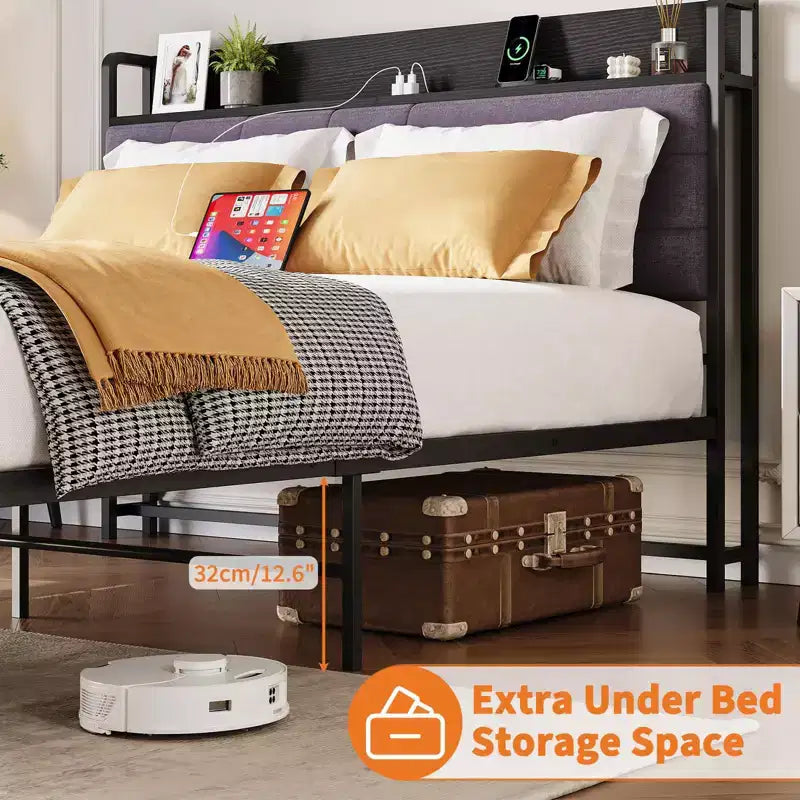 Base letto Queen size con cassetti contenitore e stazione di ricarica, letto a piattaforma con testiera imbottita, capacità 360 kg, non è necessaria la rete, grigio e nero
