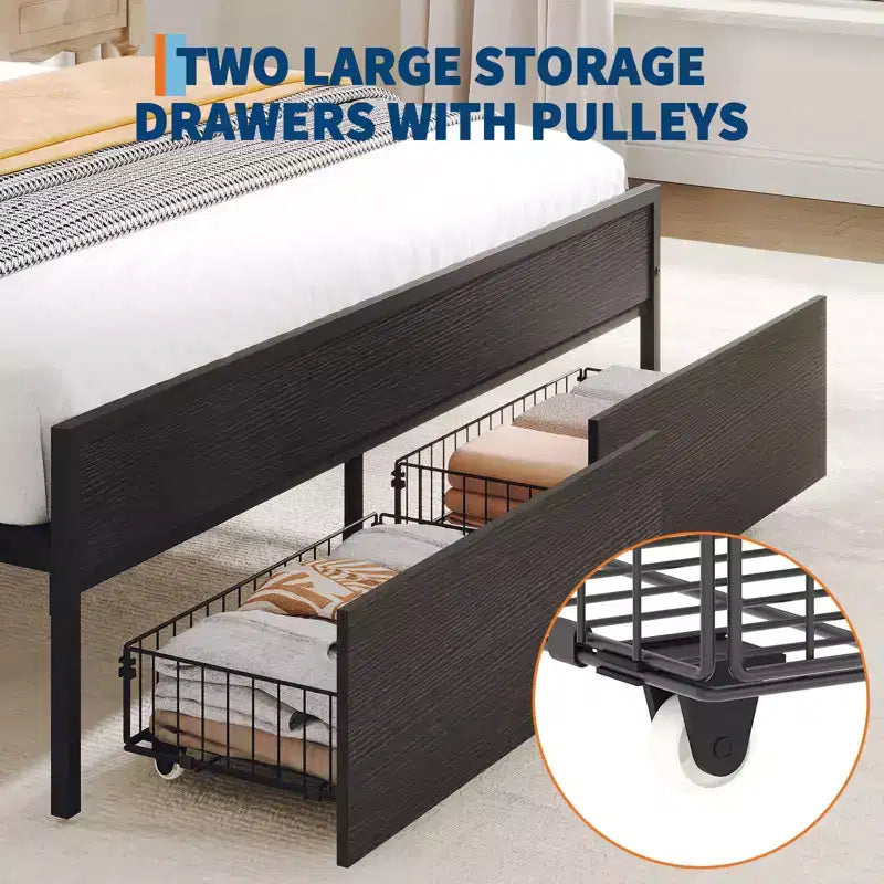 Base letto Queen size con cassetti contenitore e stazione di ricarica, letto a piattaforma con testiera imbottita, capacità 360 kg, non è necessaria la rete, grigio e nero