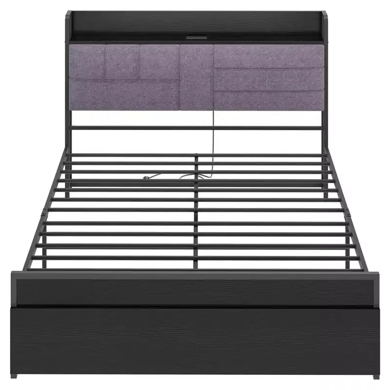 Base letto Queen size con cassetti contenitore e stazione di ricarica, letto a piattaforma con testiera imbottita, capacità 360 kg, non è necessaria la rete, grigio e nero
