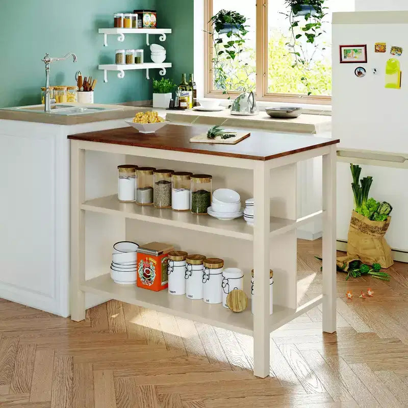 Okak Isola Cucina Rustica Stazionaria con Piano in Legno di Gomma, Carrello da Cucina con 2 Ripiani Aperti, Tavolo da Cucina per Piccoli Spazi, Noce