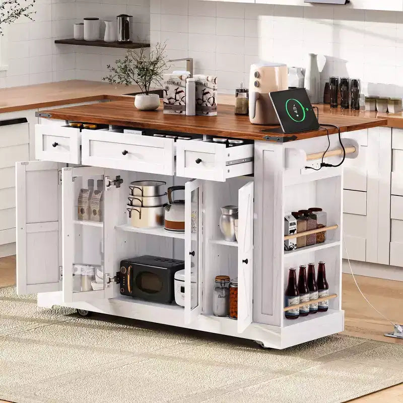 Carrello da Cucina Okak con Due Ante in Vetro Temperato e 5 Ripiani Laterali Aperti, Isola da Cucina con Presa Elettrica e Ribalta per la Sala da Pranzo