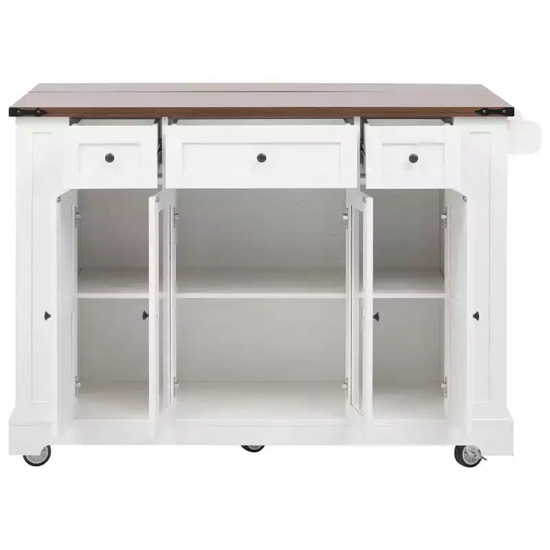 Carrello da Cucina Okak con Due Ante in Vetro Temperato e 5 Ripiani Laterali Aperti, Isola da Cucina con Presa Elettrica e Ribalta per la Sala da Pranzo