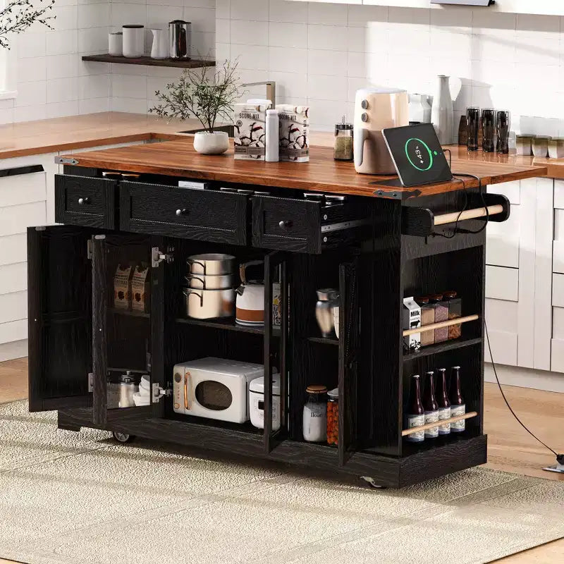 Carrello da Cucina Okak con Due Ante in Vetro Temperato e 5 Ripiani Laterali Aperti, Isola da Cucina con Presa Elettrica e Ribalta per la Sala da Pranzo