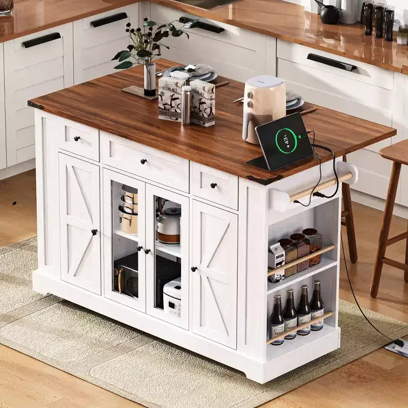 Carrello da Cucina Okak con Due Ante in Vetro Temperato e 5 Ripiani Laterali Aperti, Isola da Cucina con Presa Elettrica e Ribalta per la Sala da Pranzo