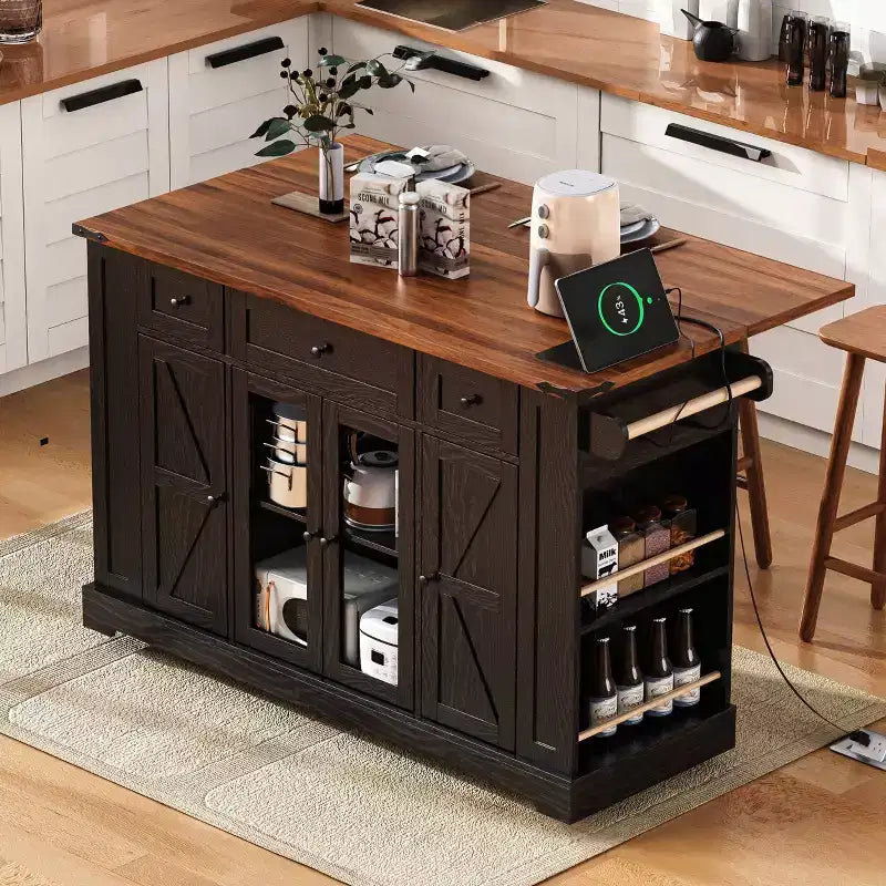 Carrello da Cucina Okak con Due Ante in Vetro Temperato e 5 Ripiani Laterali Aperti, Isola da Cucina con Presa Elettrica e Ribalta per la Sala da Pranzo