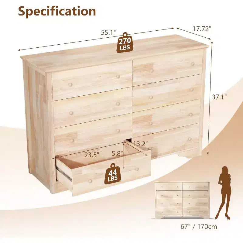 VINGLI Cassettiera in legno massiccio da 55 W con 8 cassetti, cassettiera non rifinita per progetti fai-da-te a colori