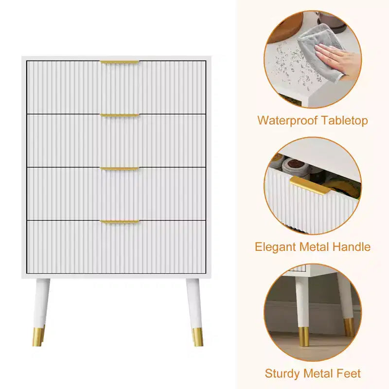 4 Cassetti Contenitori, Cassettiera a scanalature con Gambe e Maniglie Dorate, Comodino per Camera da Letto, Soggiorno,