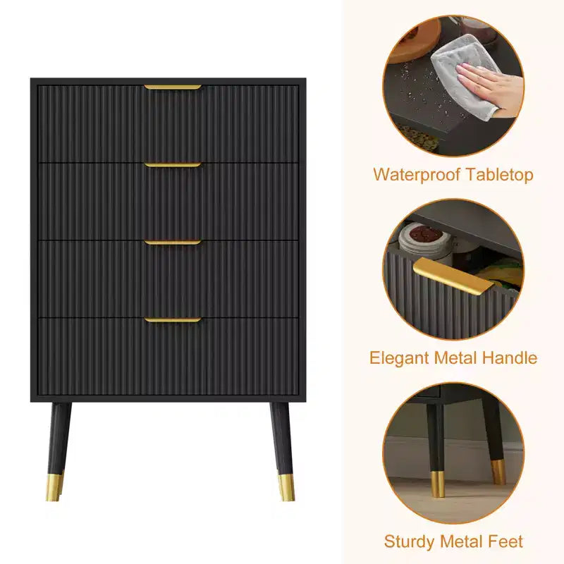 4 Cassetti Contenitori, Cassettiera a scanalature con Gambe e Maniglie Dorate, Comodino per Camera da Letto, Soggiorno,