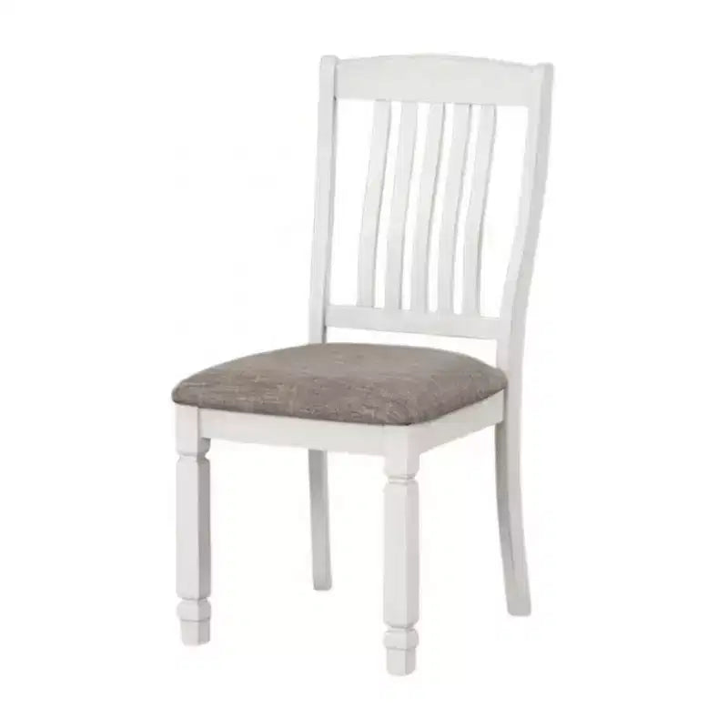 Set di 2 sedie da pranzo Royal Hampton, legno bianco rustico, tessuto grigio, schienale a doghe