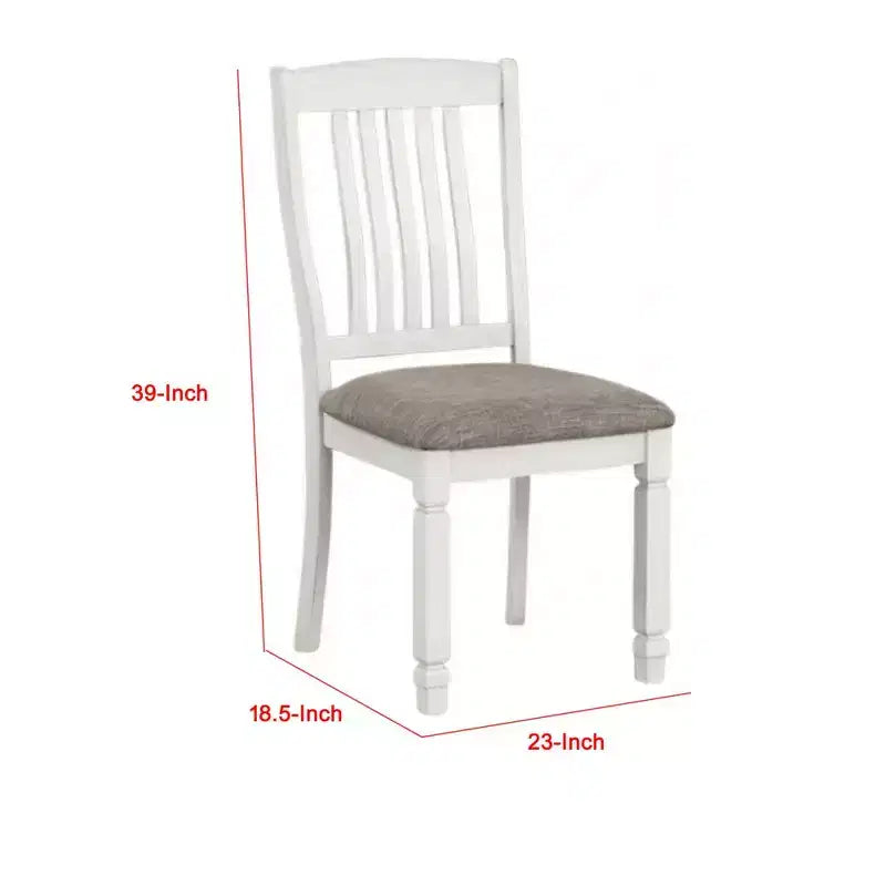 Set di 2 sedie da pranzo Royal Hampton, legno bianco rustico, tessuto grigio, schienale a doghe