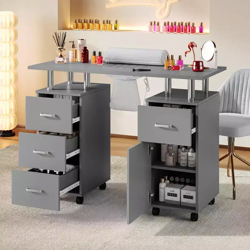 COZONY Banco manicure con aspiratore di polvere elettrico, 4 cassetti, mobiletto, poggiamani e ruote bloccabili, tavolo manicure per salone e casa