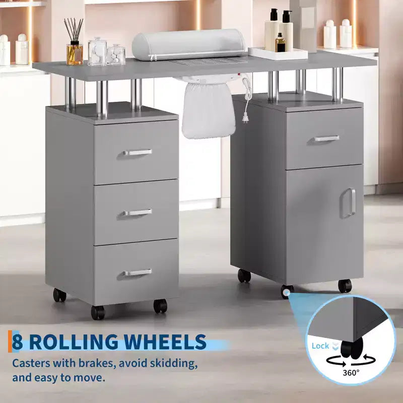 COZONY Banco manicure con aspiratore di polvere elettrico, 4 cassetti, mobiletto, poggiamani e ruote bloccabili, tavolo manicure per salone e casa