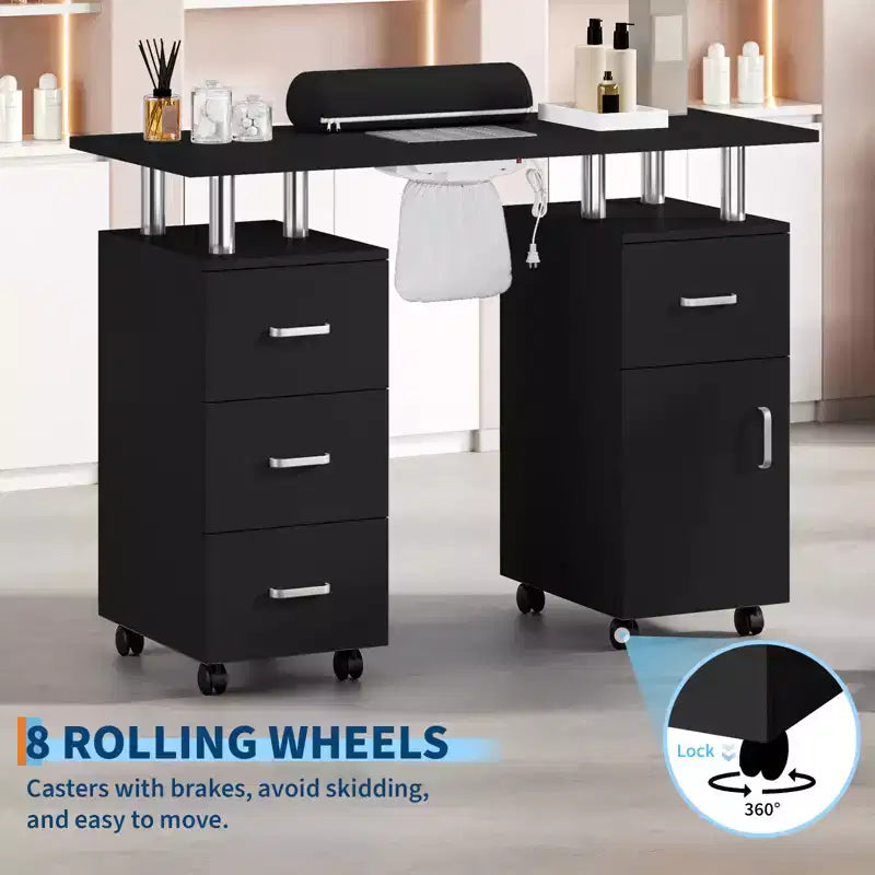 COZONY Banco manicure con aspiratore di polvere elettrico, 4 cassetti, mobiletto, poggiamani e ruote bloccabili, tavolo manicure per salone e casa