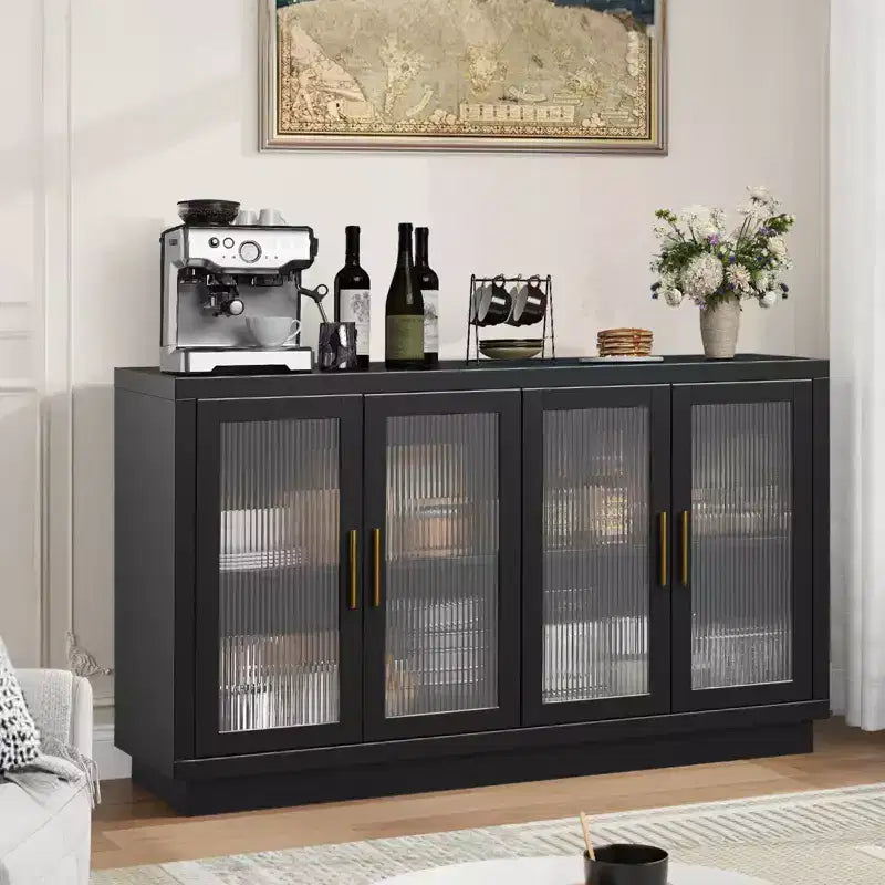 4 ante in vetro scanalato, grande mobile in legno con mobile moderno per soggiorno, sala da pranzo,