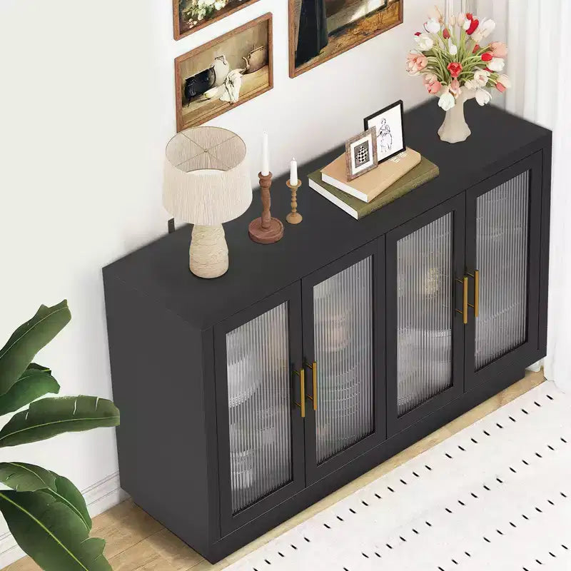 4 ante in vetro scanalato, grande mobile in legno con mobile moderno per soggiorno, sala da pranzo,