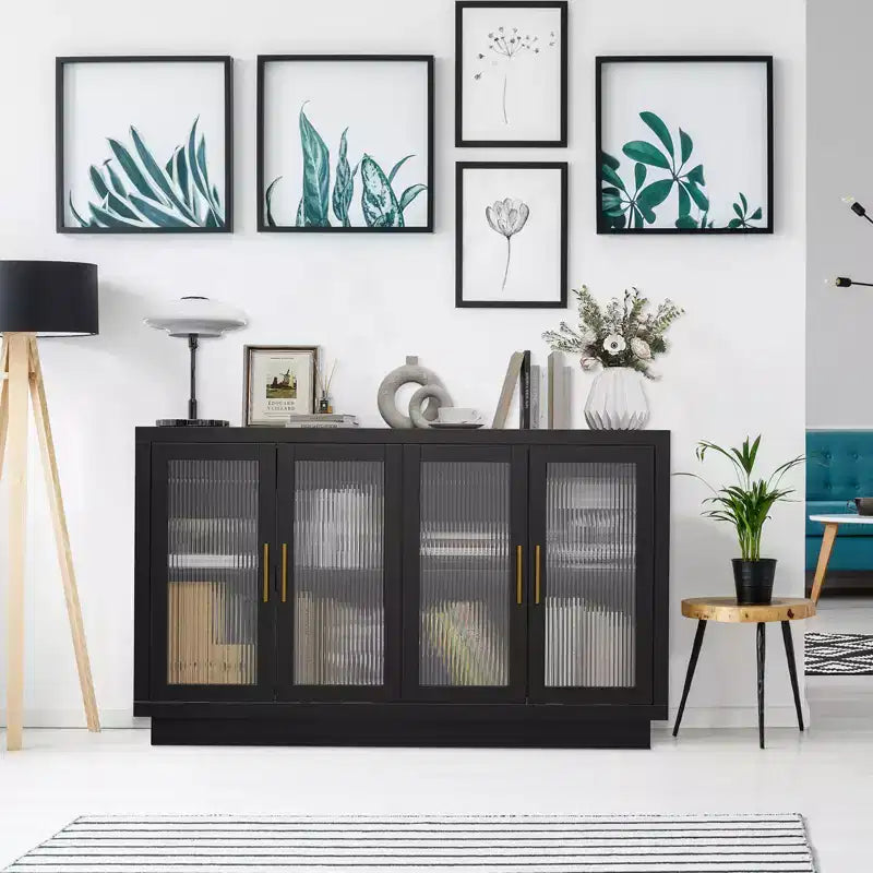 4 ante in vetro scanalato, grande mobile in legno con mobile moderno per soggiorno, sala da pranzo,