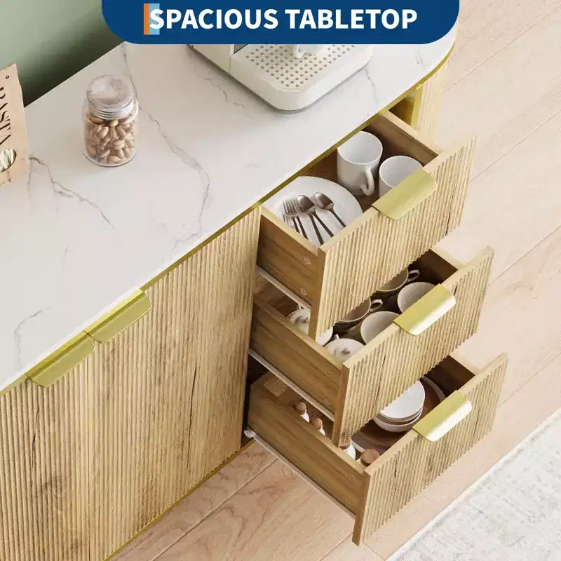 Cassettiera a 3 cassetti e ripiani regolabili, Credenza con scanalature, per sala da pranzo e soggiorno