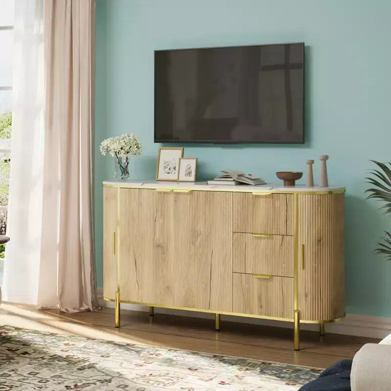 Cassettiera a 3 cassetti e ripiani regolabili, Credenza con scanalature, per sala da pranzo e soggiorno
