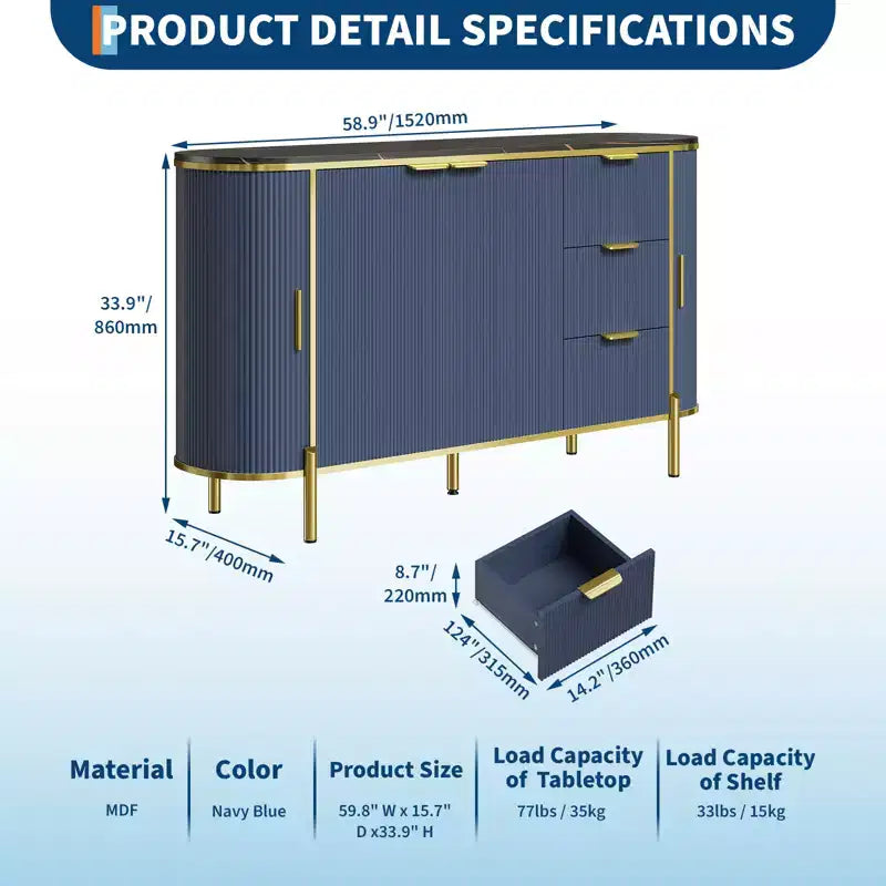 Cassettiera a 3 cassetti e ripiani regolabili, Credenza con scanalature, per sala da pranzo e soggiorno
