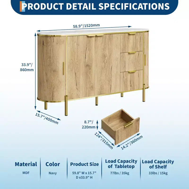 Cassettiera a 3 cassetti e ripiani regolabili, Credenza con scanalature, per sala da pranzo e soggiorno