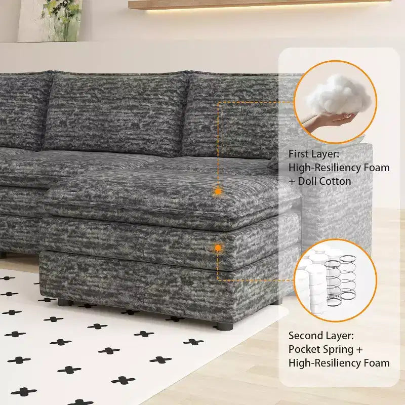 Divano sezionale modulare 108 XL, divano a nuvola moderno in ciniglia a seduta profonda a L per 4 persone con pouf mobile, divano sezionale versatile per soggiorno
