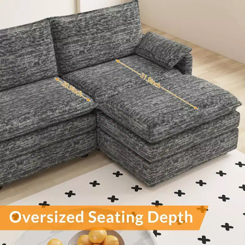 Divano sezionale modulare 108 XL, divano a nuvola moderno in ciniglia a seduta profonda a L per 4 persone con pouf mobile, divano sezionale versatile per soggiorno