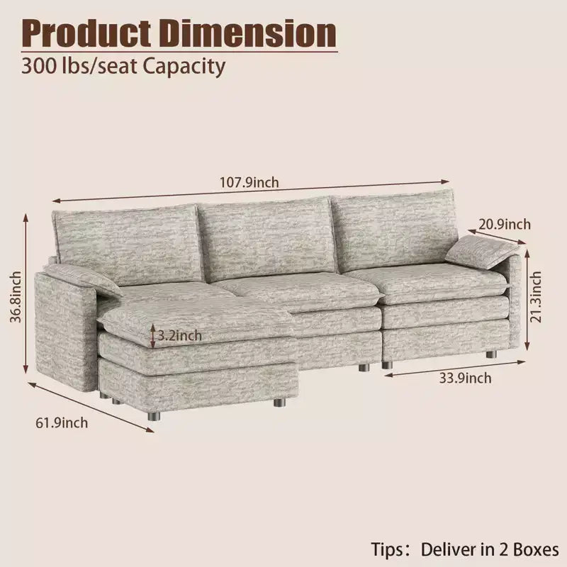 Divano sezionale modulare 108 XL, divano a nuvola moderno in ciniglia a seduta profonda a L per 4 persone con pouf mobile, divano sezionale versatile per soggiorno