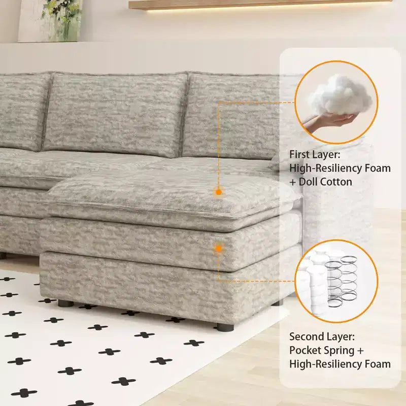 Divano sezionale modulare 108 XL, divano a nuvola moderno in ciniglia a seduta profonda a L per 4 persone con pouf mobile, divano sezionale versatile per soggiorno