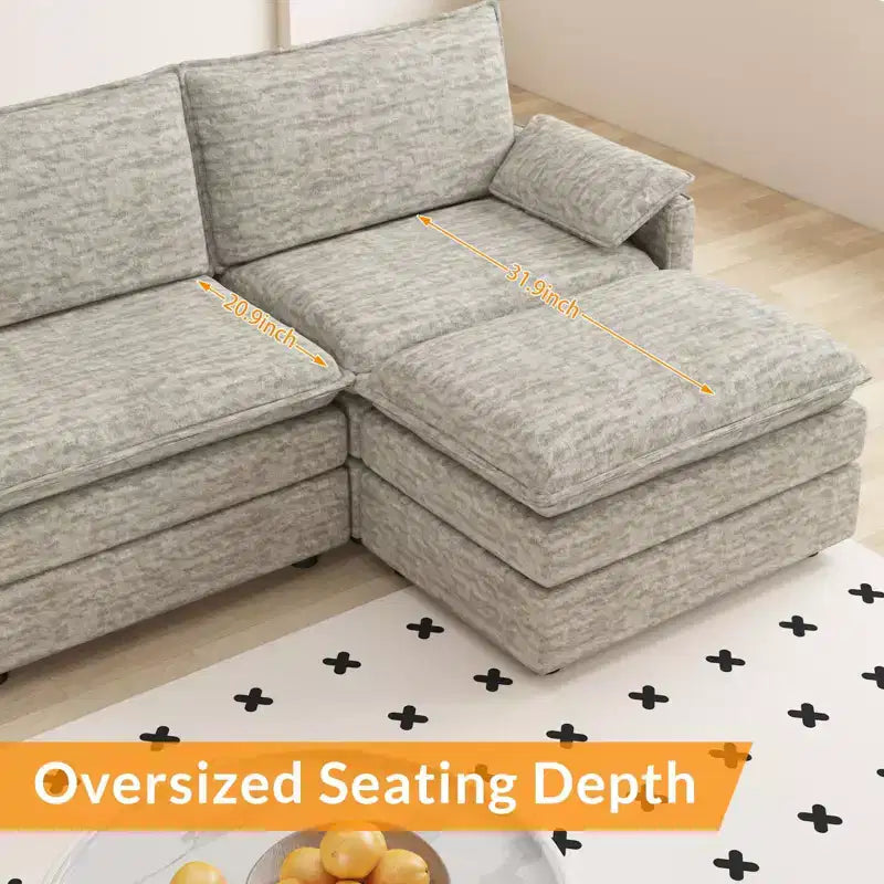Divano sezionale modulare 108 XL, divano a nuvola moderno in ciniglia a seduta profonda a L per 4 persone con pouf mobile, divano sezionale versatile per soggiorno