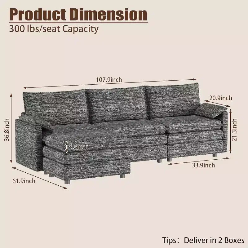 Divano sezionale modulare 108 XL, divano a nuvola moderno in ciniglia a seduta profonda a L per 4 persone con pouf mobile, divano sezionale versatile per soggiorno