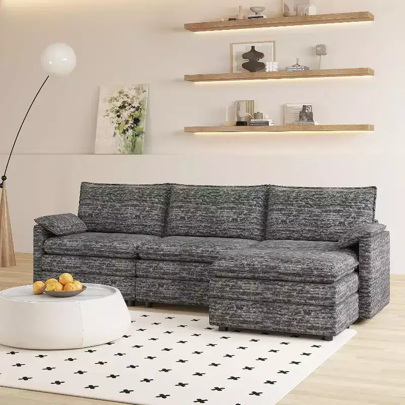 Divano sezionale modulare 108 XL, divano a nuvola moderno in ciniglia a seduta profonda a L per 4 persone con pouf mobile, divano sezionale versatile per soggiorno