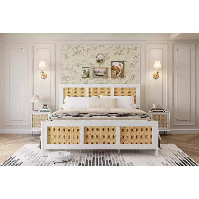 COZONY Rattan Letto Matrimoniale con Testiera in Vimini, Base Piattaforma Boho in Metallo a Doghe, Nessun Box Spring Necessario