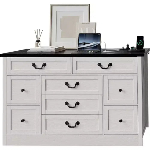 9 Farmhouse Dresser with Charging Station & Metal Handle, Wooden Tv Stand with Dressers
