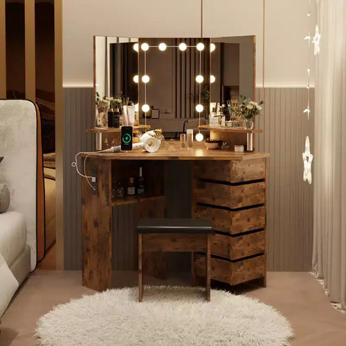 Ensemble coiffeuse rotative à 5 tiroirs avec tabouret, design d'angle, luminosité réglable, convient aux chambres et aux salons