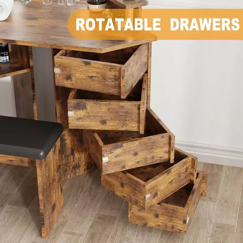 Set toeletta rotante a 5 cassetti con sgabello, design angolare, luminosità regolabile, adatto per camere da letto e salotti
