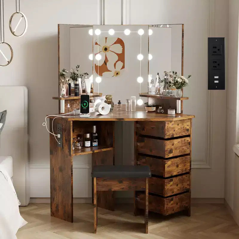 Set toeletta rotante a 5 cassetti con sgabello, design angolare, luminosità regolabile, adatto per camere da letto e salotti