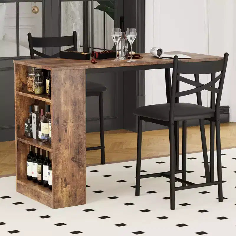 Set tavolo e sedie da bar con 2 sgabelli, tavolo da bar alto da cucina, set da pranzo in legno con altezza da bar, ripiani portaoggetti a 3 livelli, 2 sgabelli, per piccoli spazi