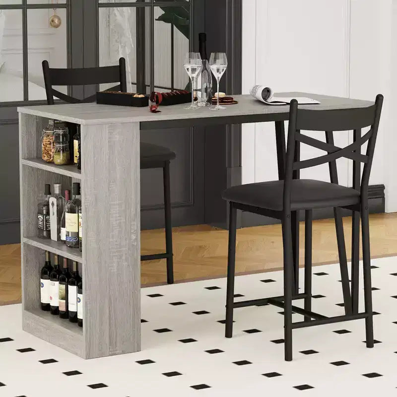 Set tavolo e sedie da bar con 2 sgabelli, tavolo da bar alto da cucina, set da pranzo in legno con altezza da bar, ripiani portaoggetti a 3 livelli, 2 sgabelli, per piccoli spazi